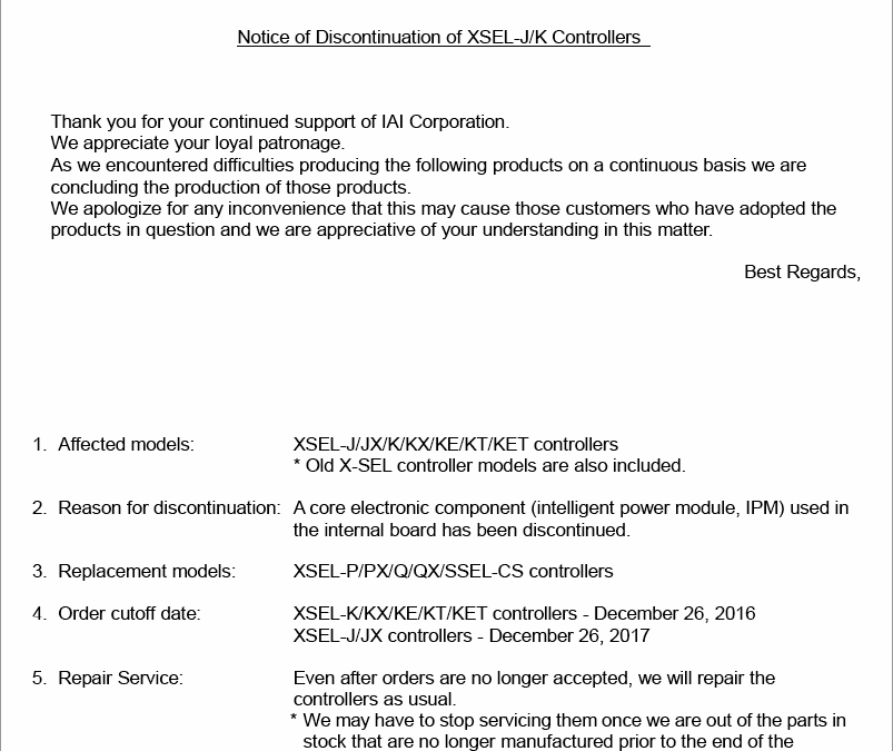 XSEL-J/K Controller Discontinuation Notice